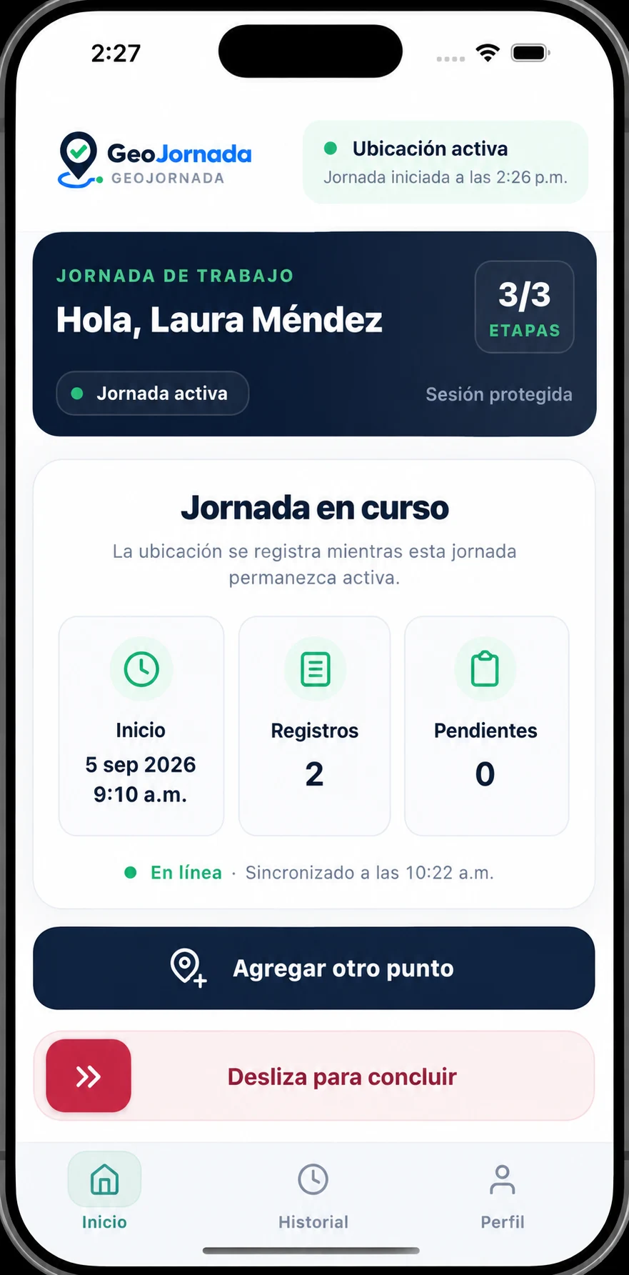 Aplicación móvil con jornada activa