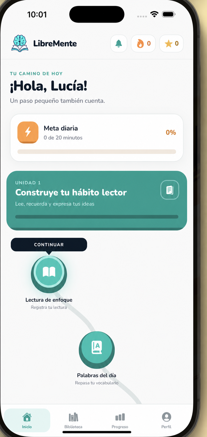 Aplicación LibreMente con ruta diaria de aprendizaje y hábito lector