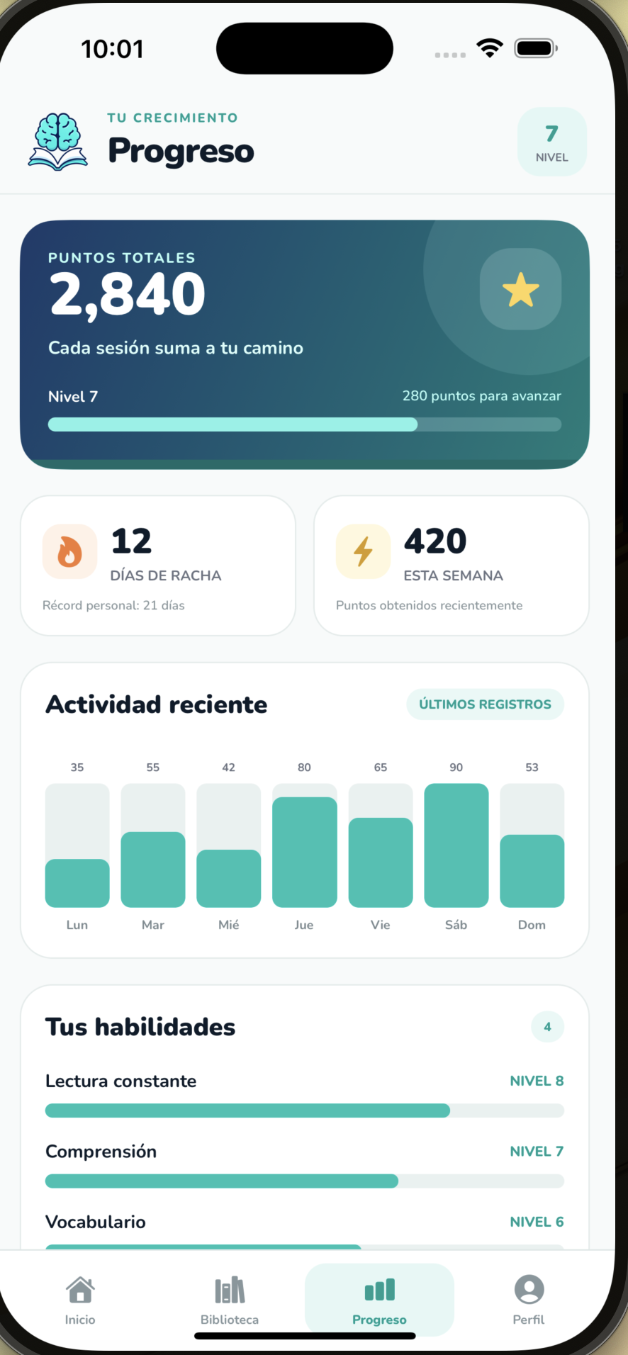 Panel móvil de progreso, puntos, racha y habilidades