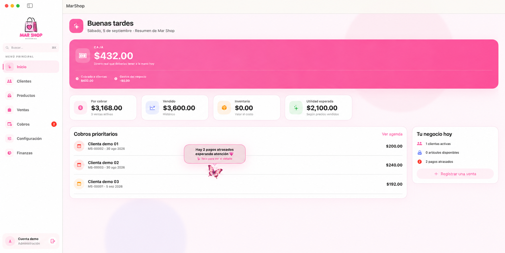 Tablero de MarShop con caja, ventas y cobros prioritarios
