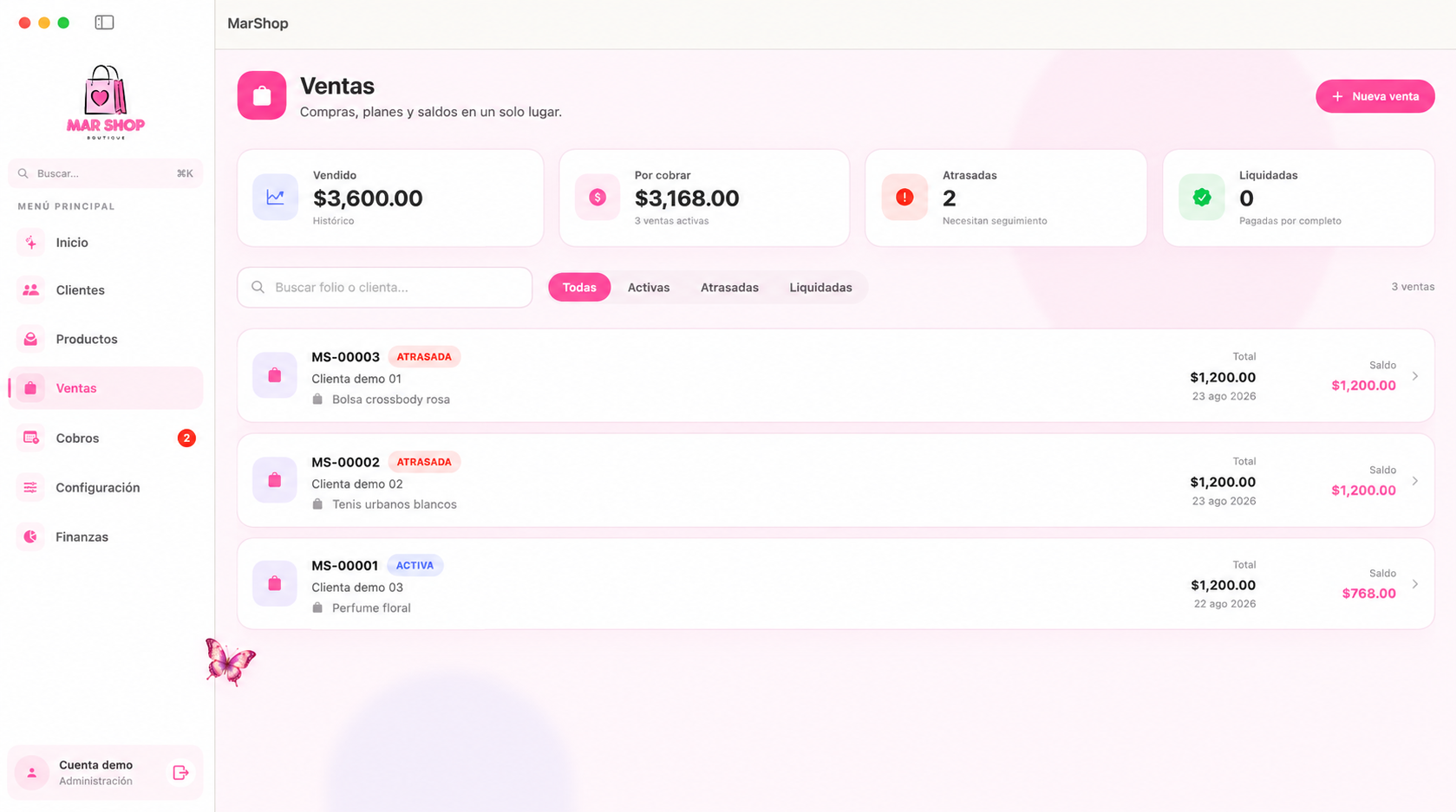 Seguimiento demostrativo de ventas, saldos y planes de pago en MarShop