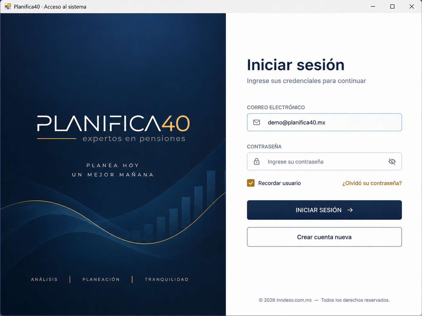 Pantalla de acceso de Planifica40 con usuario demostrativo
